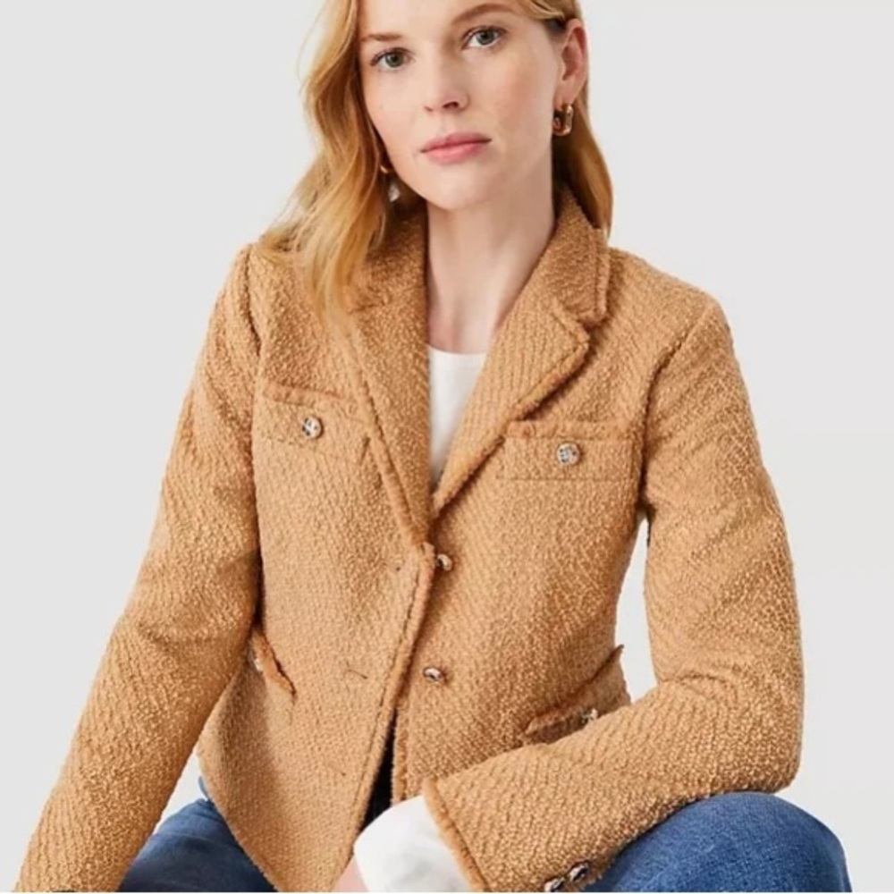 Ann Taylor Cropped Textured Tweed Jacket Burnt Sand Wool Size 8 Petite